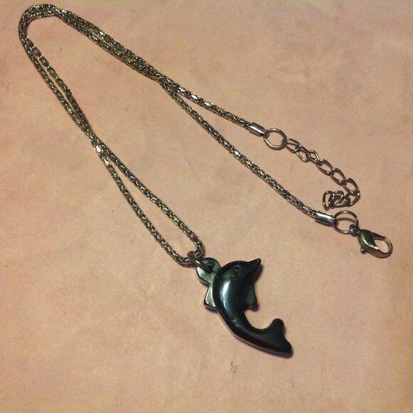 Vintage Hematite Gemstone Dolphin Pendant Necklace - Picture 1 of 3